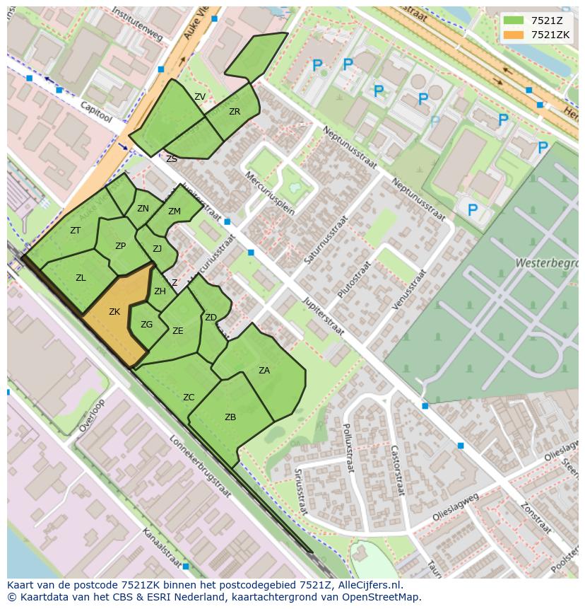 Afbeelding van het postcodegebied 7521 ZK op de kaart.