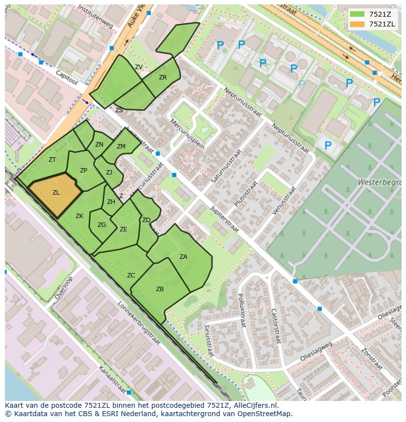 Afbeelding van het postcodegebied 7521 ZL op de kaart.
