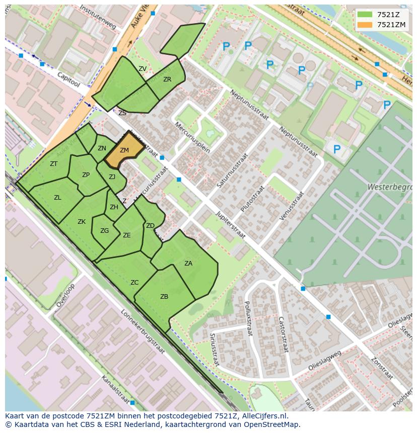 Afbeelding van het postcodegebied 7521 ZM op de kaart.