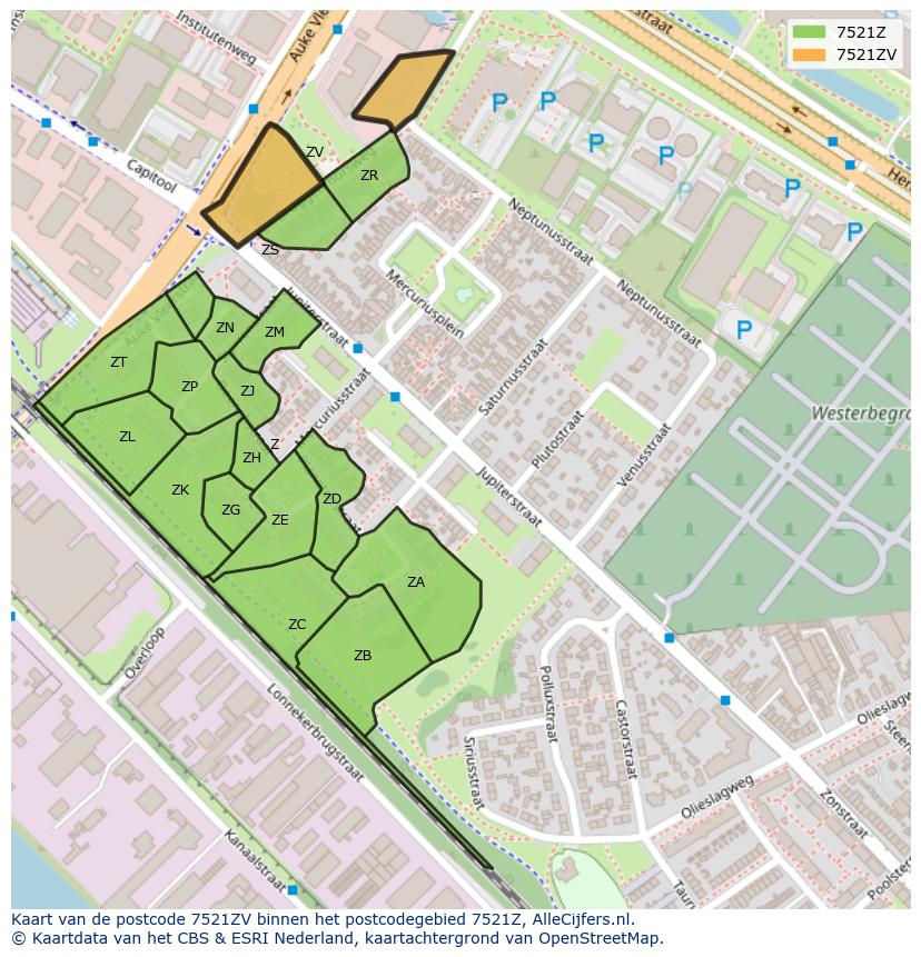 Afbeelding van het postcodegebied 7521 ZV op de kaart.