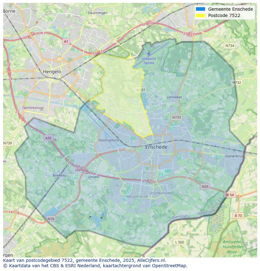 Afbeelding van het postcodegebied 7522 op de kaart.
