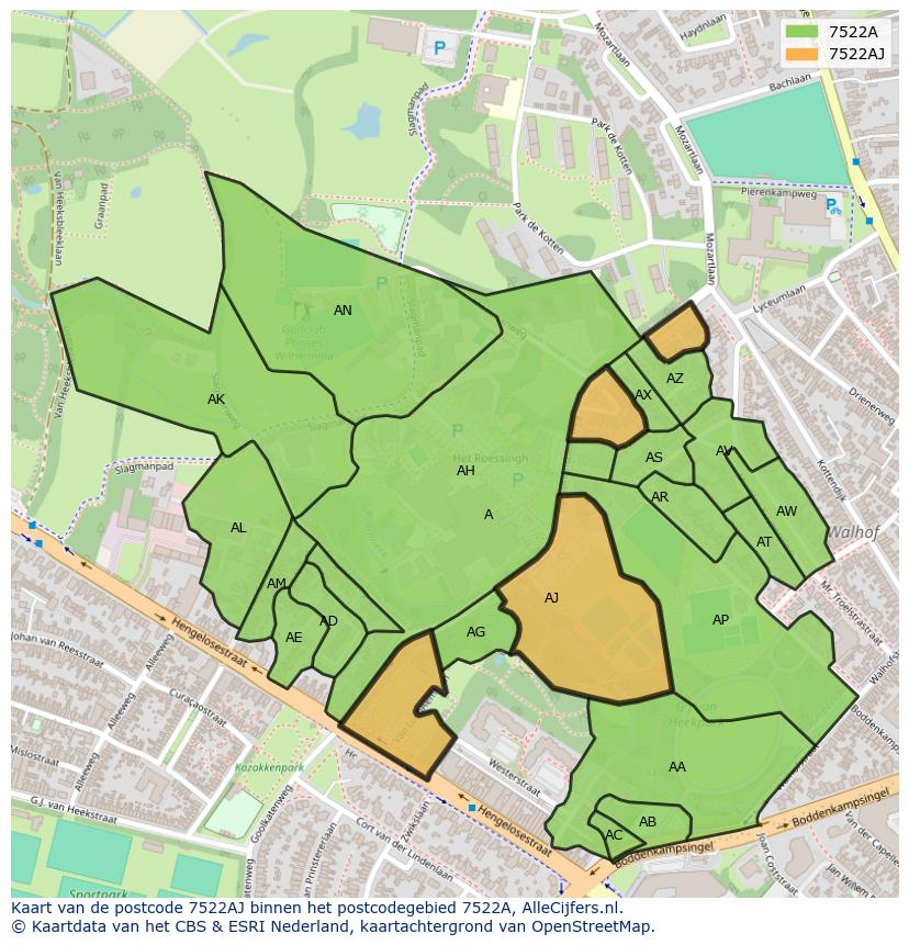 Afbeelding van het postcodegebied 7522 AJ op de kaart.