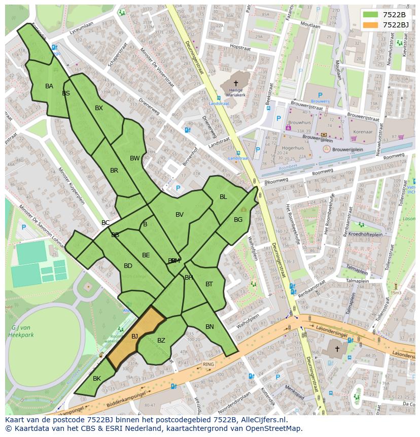 Afbeelding van het postcodegebied 7522 BJ op de kaart.