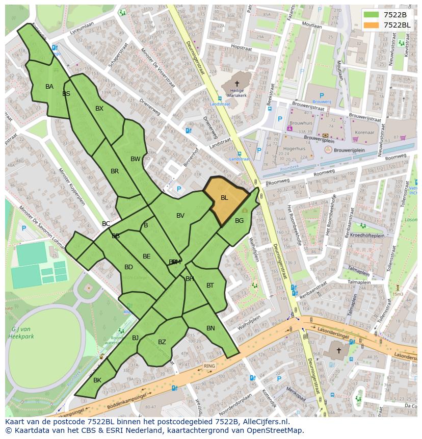 Afbeelding van het postcodegebied 7522 BL op de kaart.