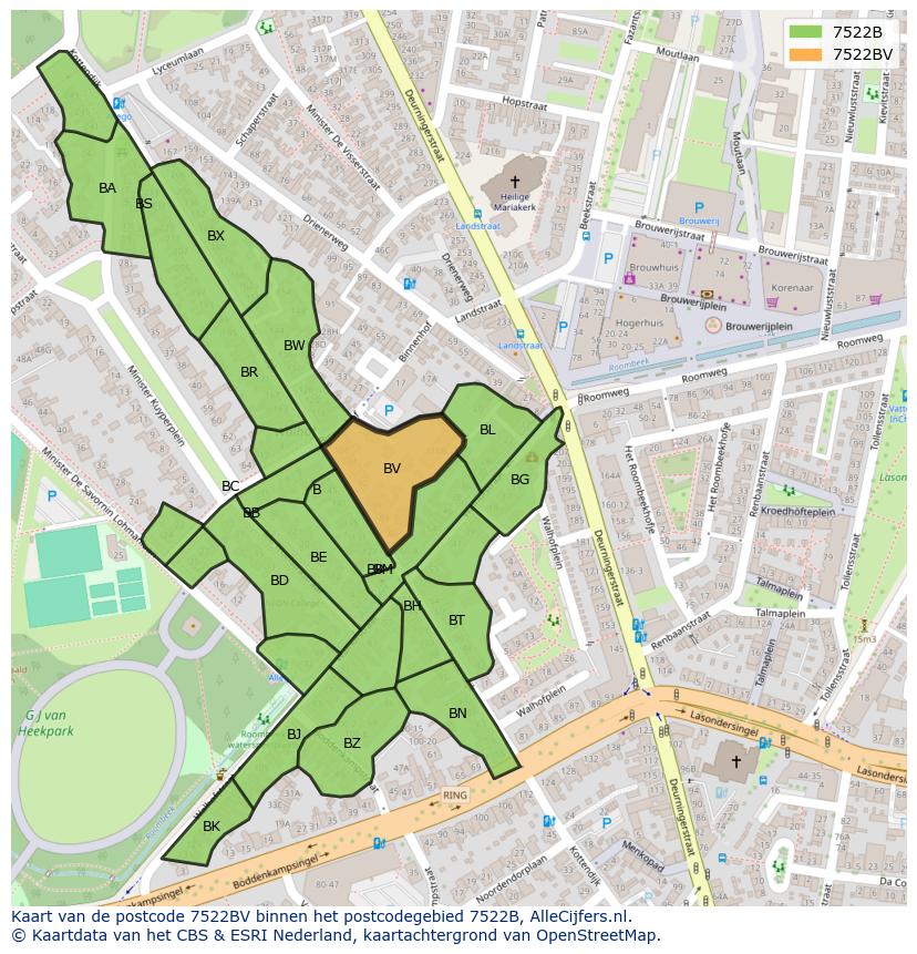 Afbeelding van het postcodegebied 7522 BV op de kaart.