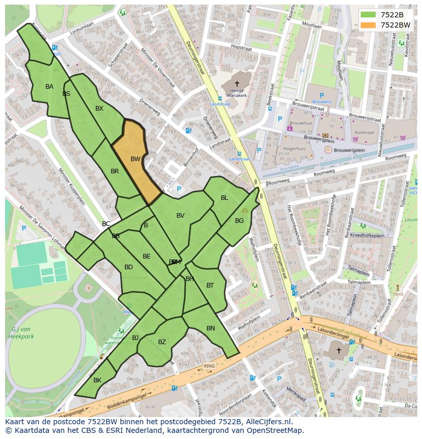 Afbeelding van het postcodegebied 7522 BW op de kaart.