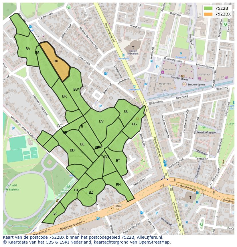 Afbeelding van het postcodegebied 7522 BX op de kaart.