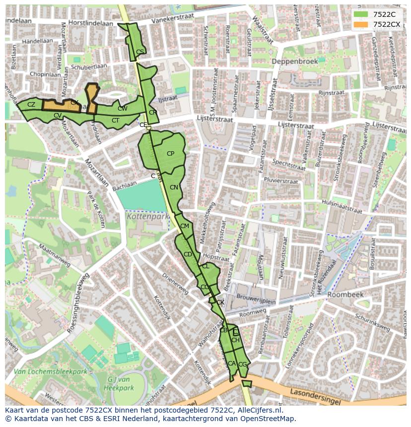 Afbeelding van het postcodegebied 7522 CX op de kaart.