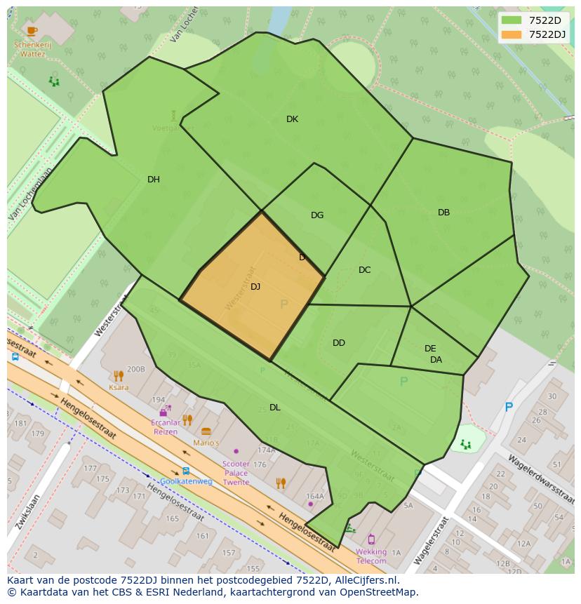 Afbeelding van het postcodegebied 7522 DJ op de kaart.