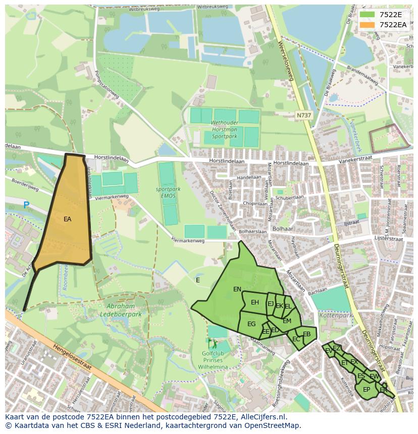 Afbeelding van het postcodegebied 7522 EA op de kaart.