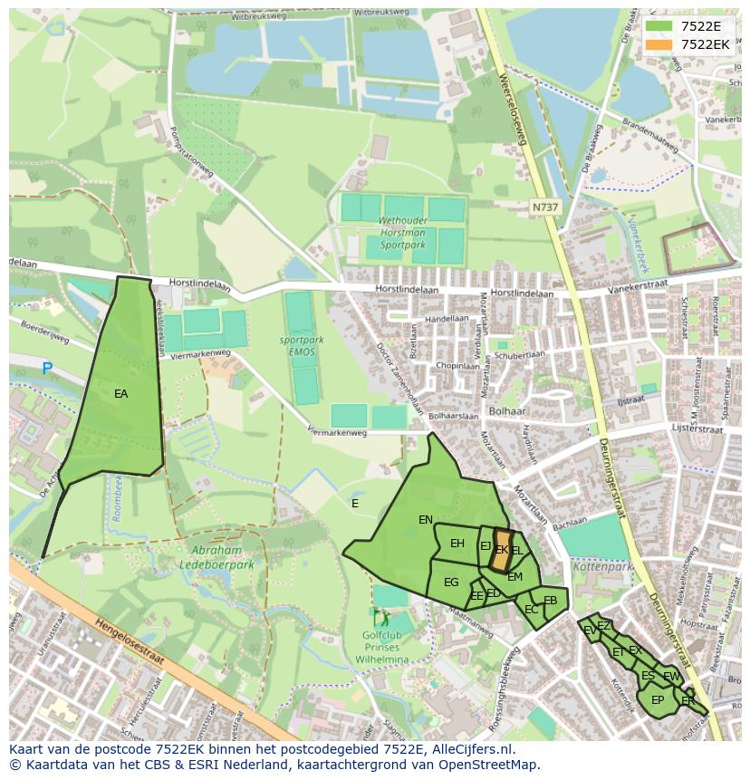 Afbeelding van het postcodegebied 7522 EK op de kaart.