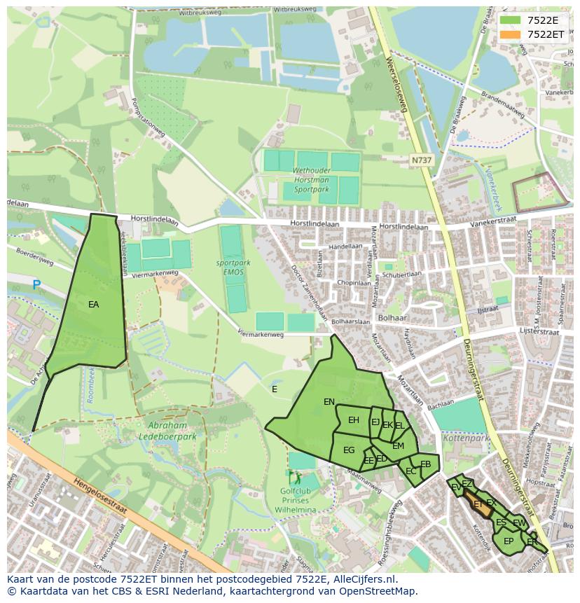 Afbeelding van het postcodegebied 7522 ET op de kaart.