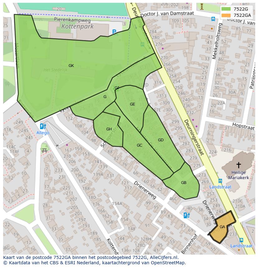 Afbeelding van het postcodegebied 7522 GA op de kaart.