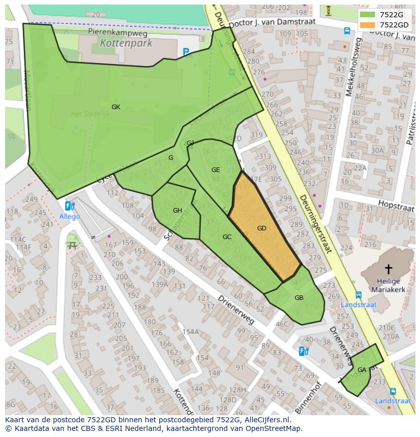 Afbeelding van het postcodegebied 7522 GD op de kaart.