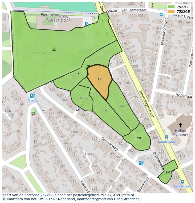 Afbeelding van het postcodegebied 7522 GE op de kaart.