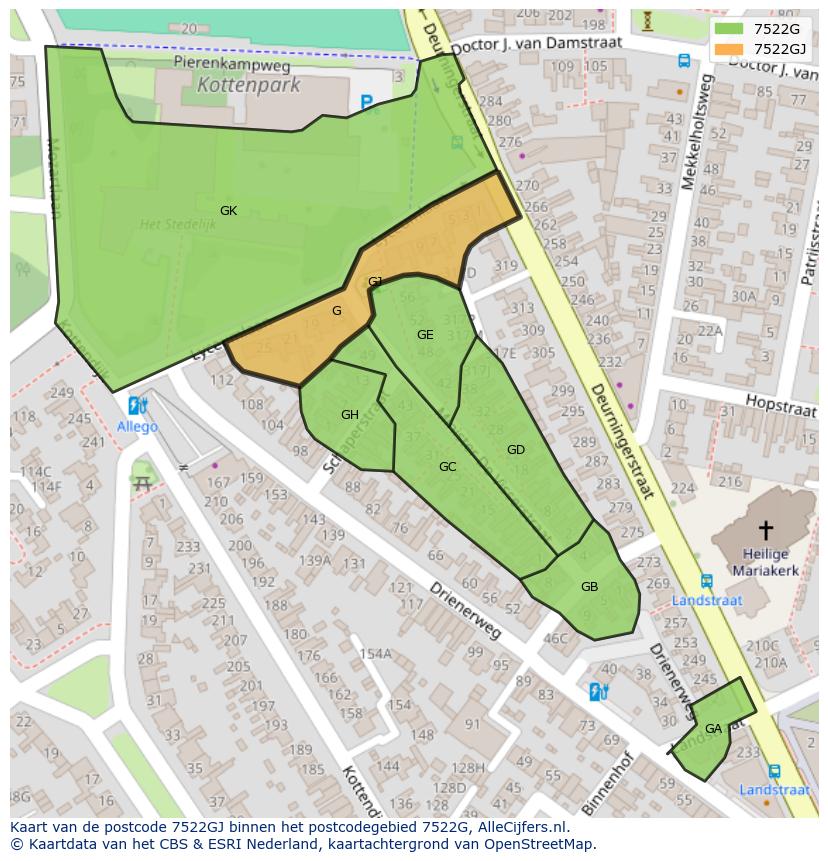 Afbeelding van het postcodegebied 7522 GJ op de kaart.