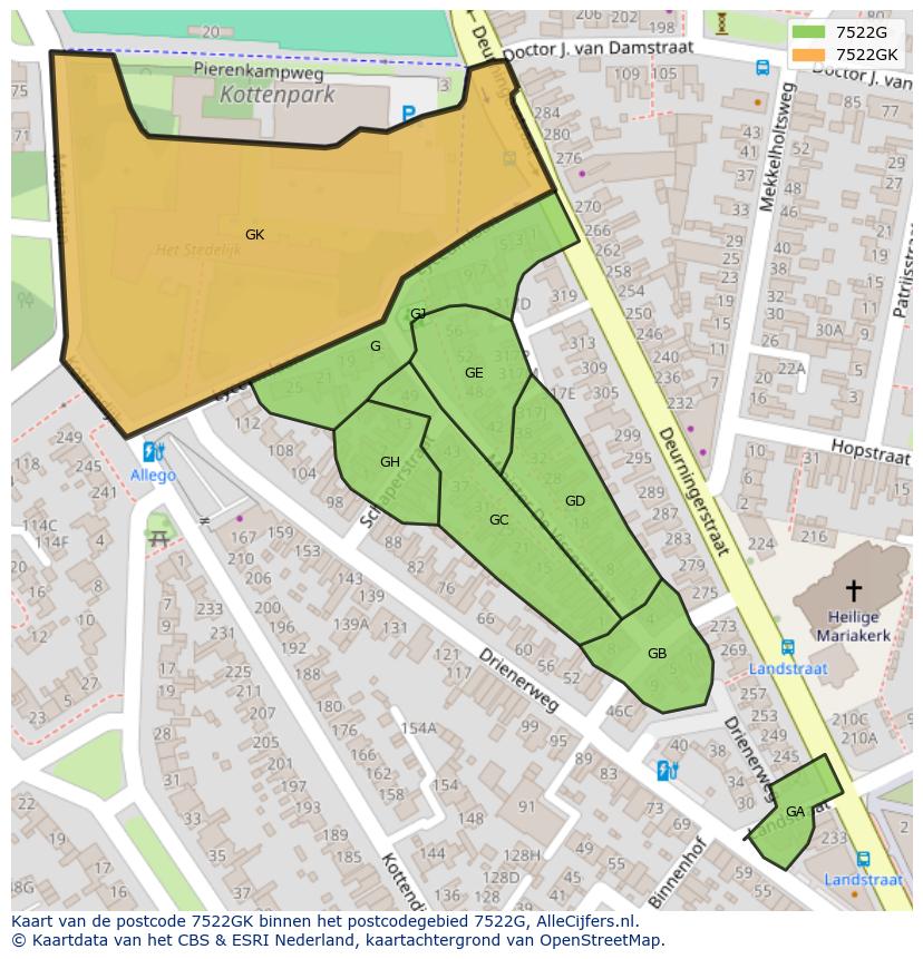 Afbeelding van het postcodegebied 7522 GK op de kaart.