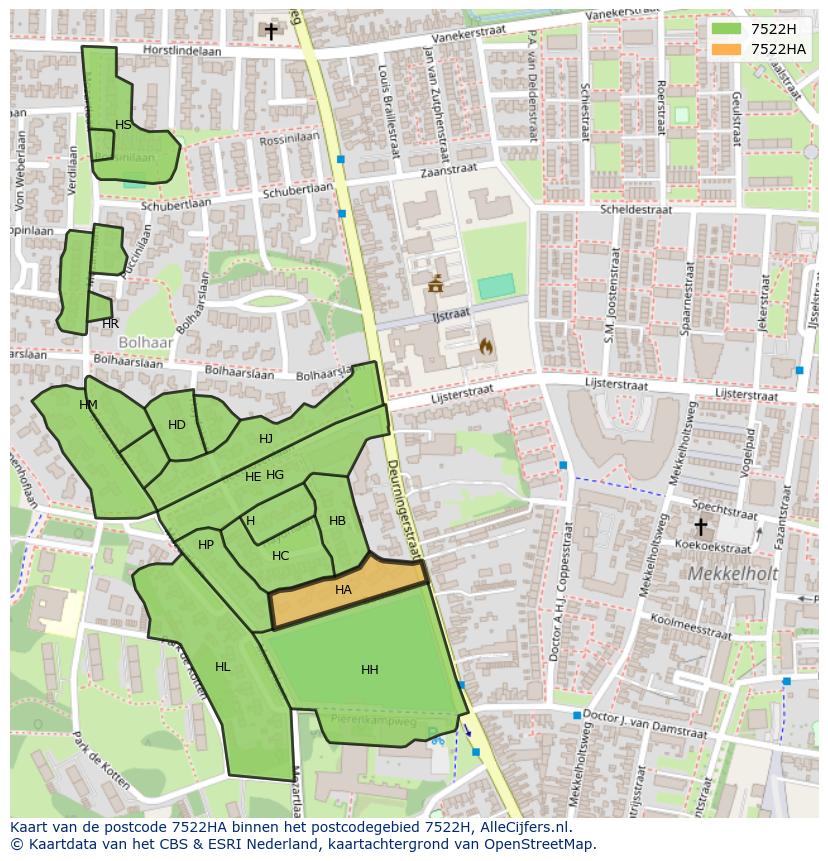 Afbeelding van het postcodegebied 7522 HA op de kaart.