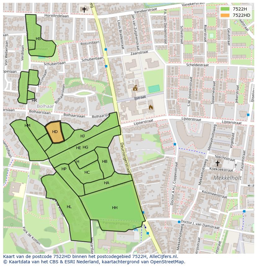 Afbeelding van het postcodegebied 7522 HD op de kaart.