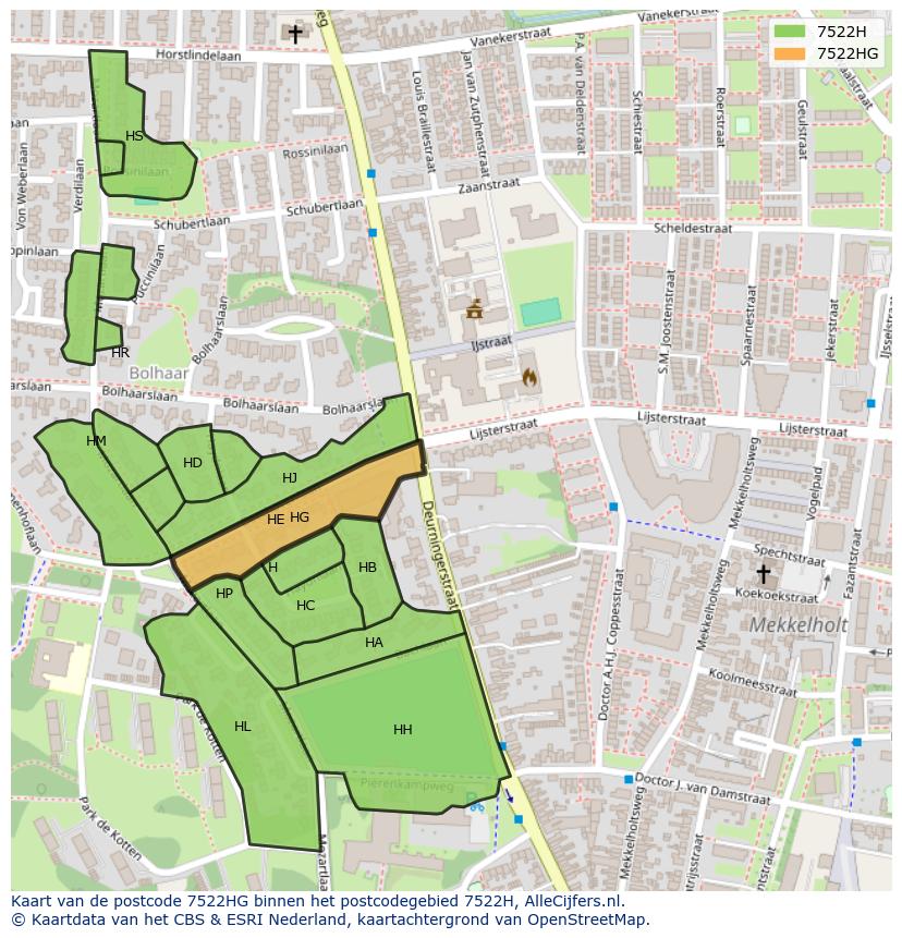 Afbeelding van het postcodegebied 7522 HG op de kaart.