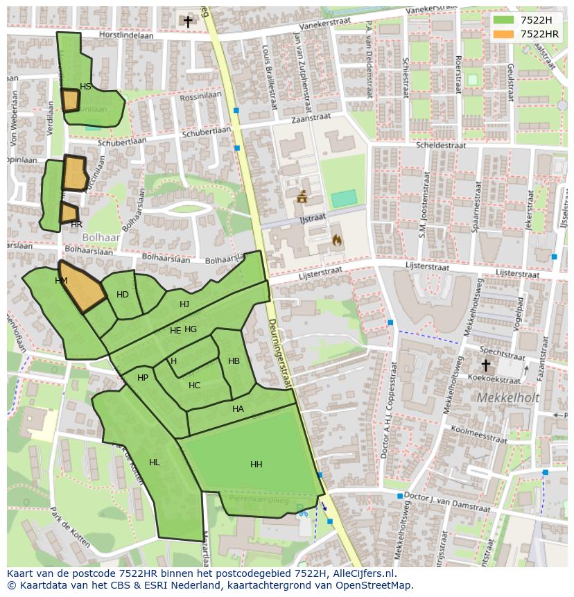 Afbeelding van het postcodegebied 7522 HR op de kaart.