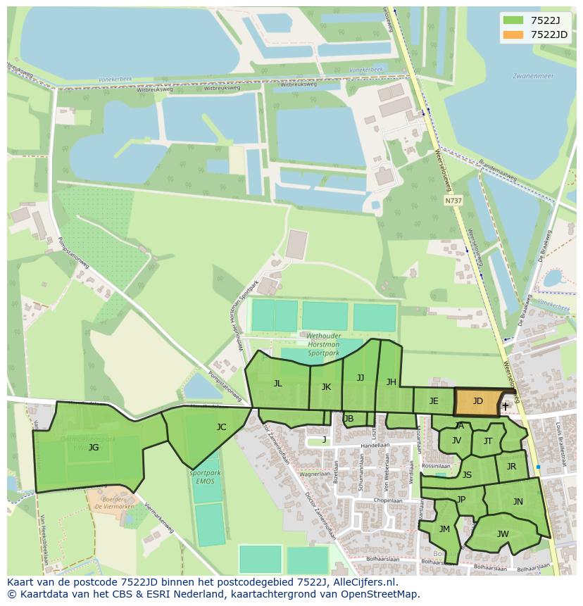 Afbeelding van het postcodegebied 7522 JD op de kaart.