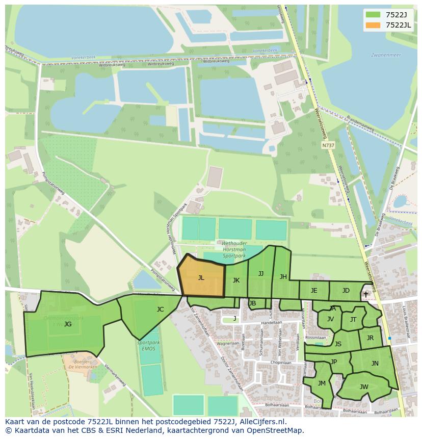 Afbeelding van het postcodegebied 7522 JL op de kaart.