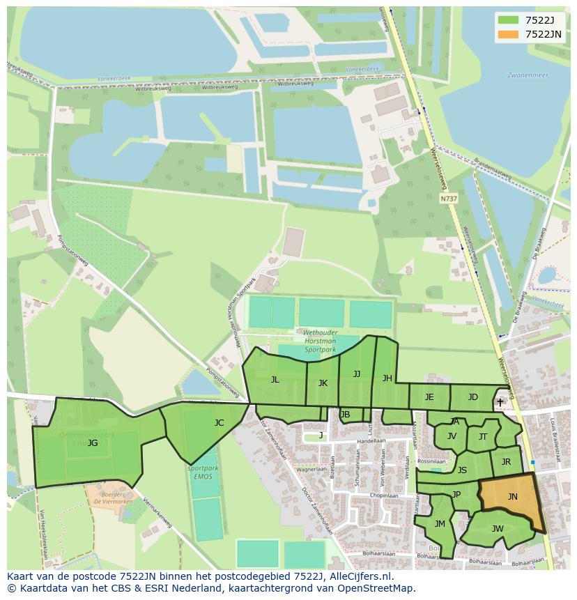 Afbeelding van het postcodegebied 7522 JN op de kaart.