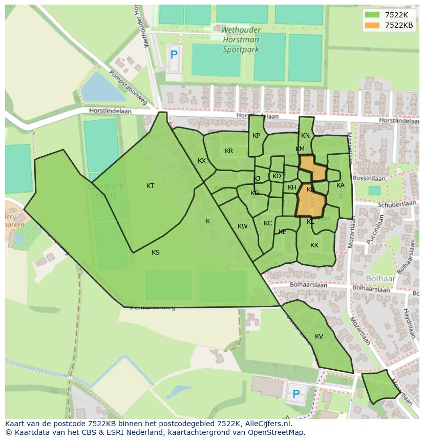 Afbeelding van het postcodegebied 7522 KB op de kaart.