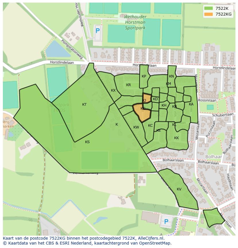 Afbeelding van het postcodegebied 7522 KG op de kaart.
