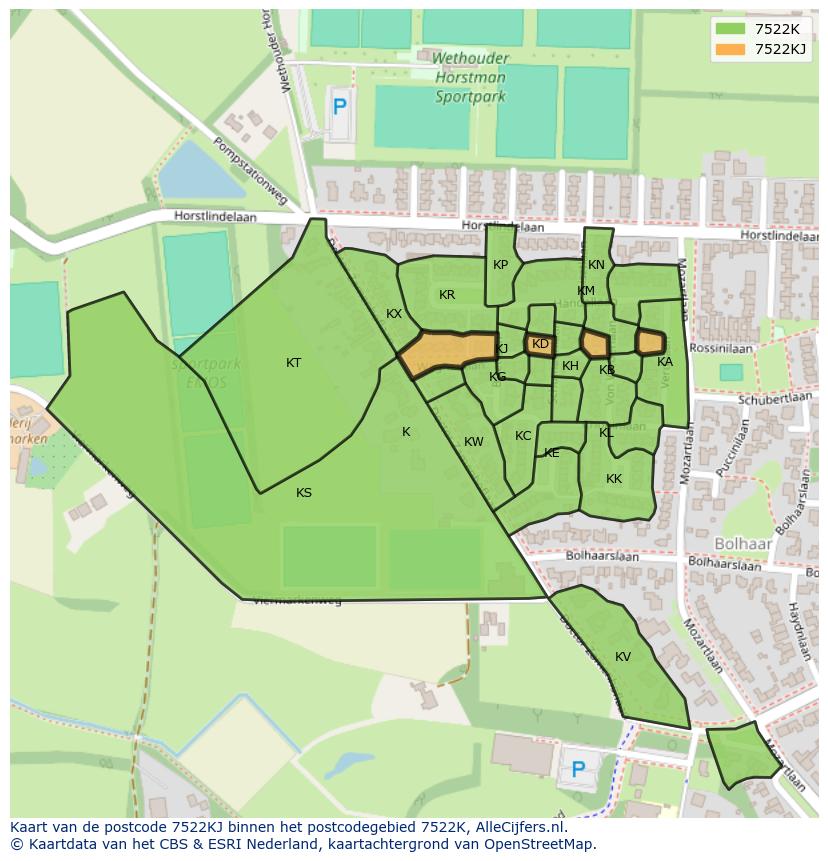 Afbeelding van het postcodegebied 7522 KJ op de kaart.