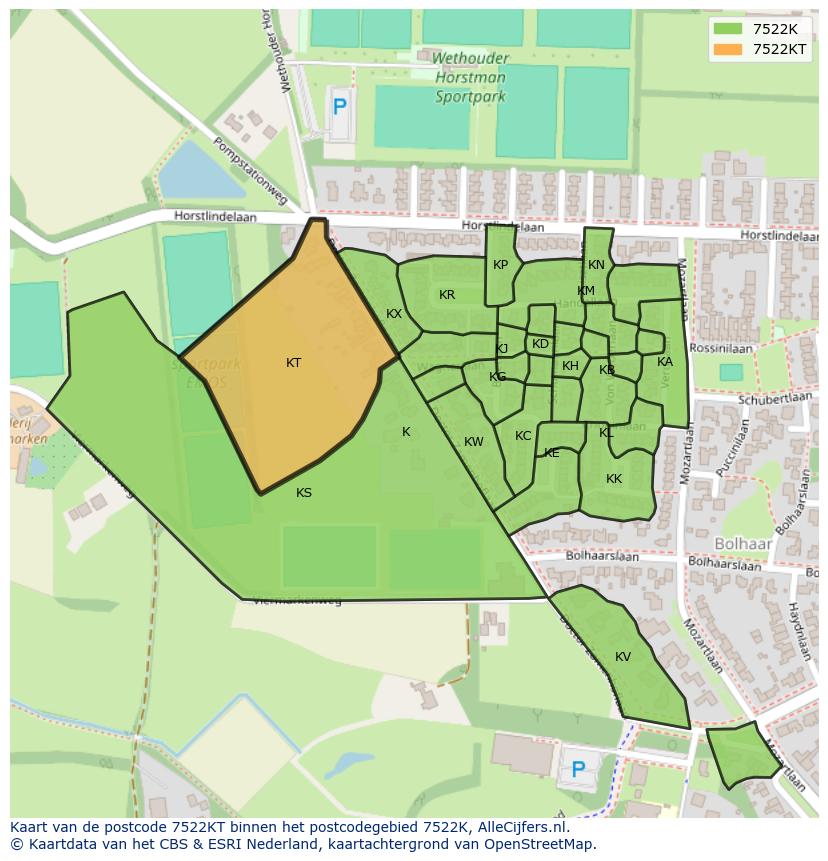 Afbeelding van het postcodegebied 7522 KT op de kaart.