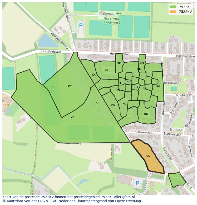 Afbeelding van het postcodegebied 7522 KV op de kaart.