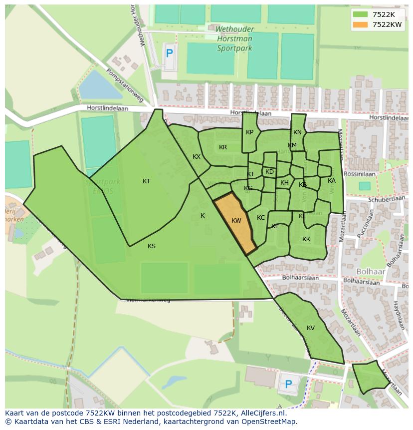 Afbeelding van het postcodegebied 7522 KW op de kaart.