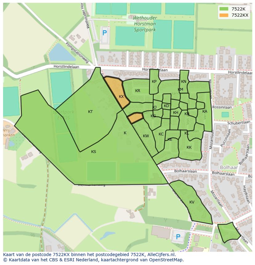 Afbeelding van het postcodegebied 7522 KX op de kaart.