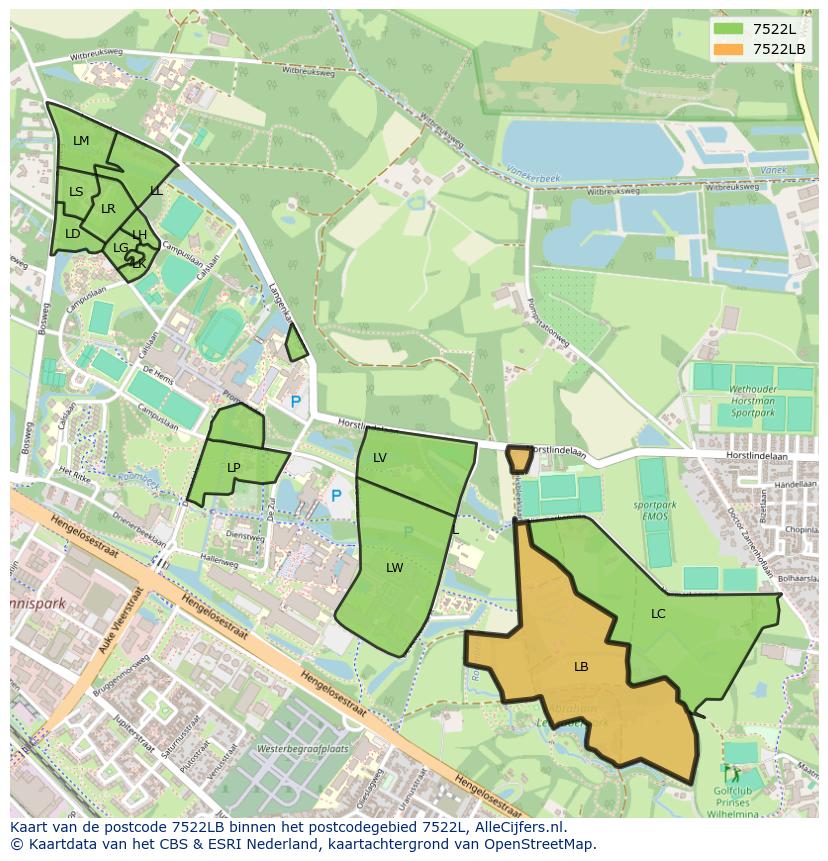 Afbeelding van het postcodegebied 7522 LB op de kaart.