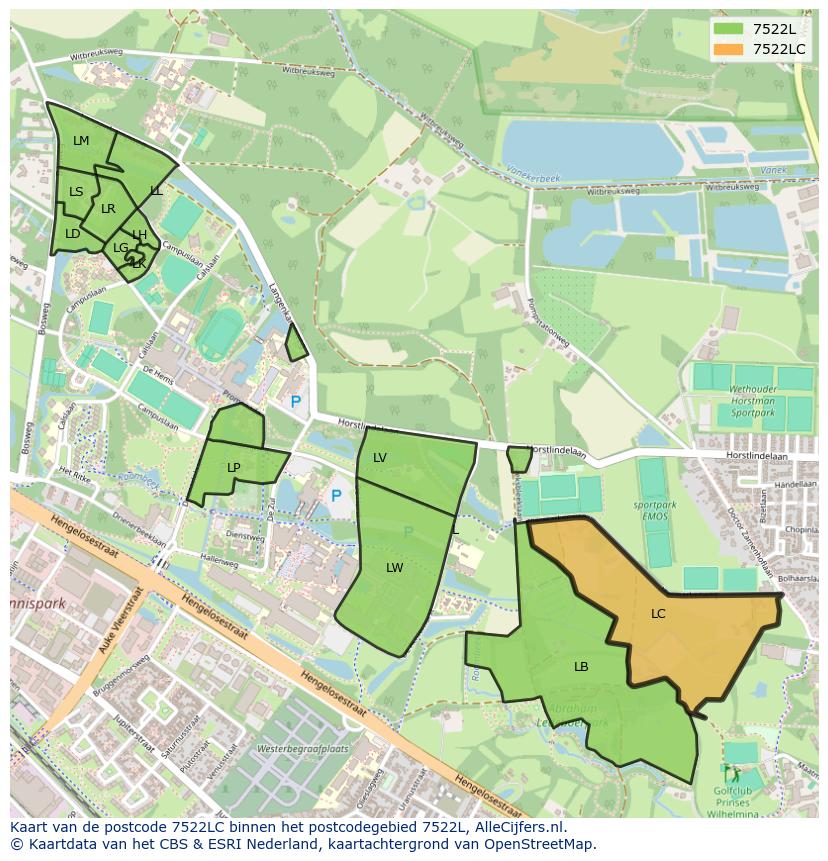 Afbeelding van het postcodegebied 7522 LC op de kaart.