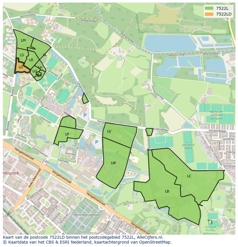 Afbeelding van het postcodegebied 7522 LD op de kaart.
