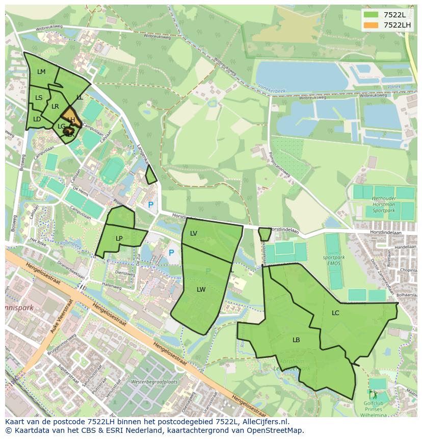 Afbeelding van het postcodegebied 7522 LH op de kaart.