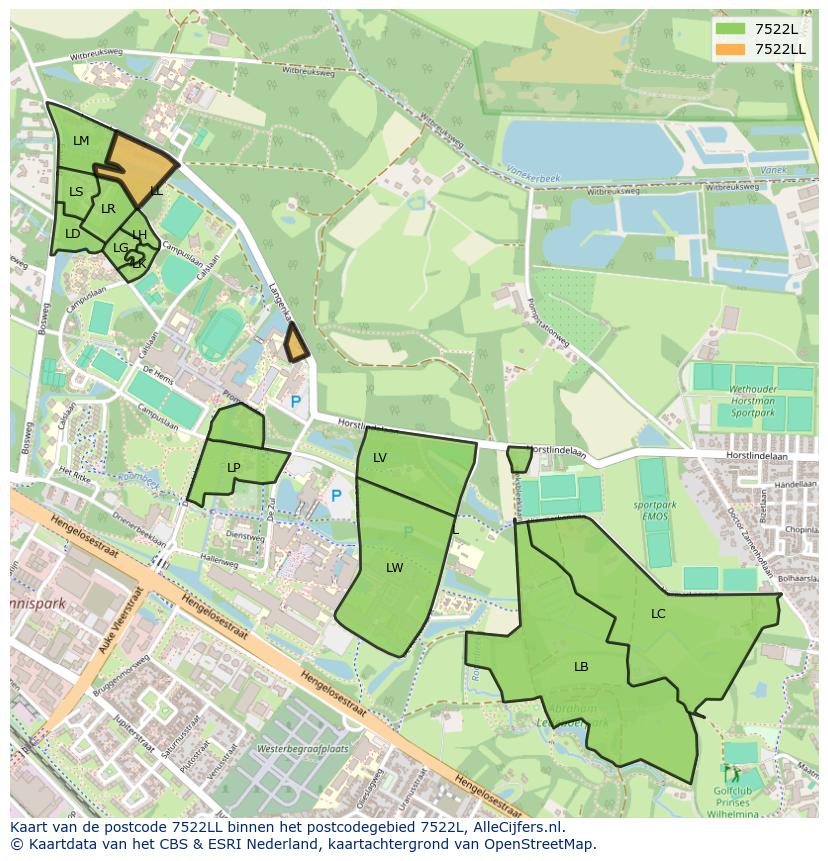 Afbeelding van het postcodegebied 7522 LL op de kaart.