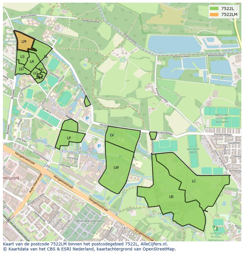 Afbeelding van het postcodegebied 7522 LM op de kaart.