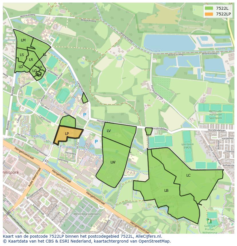 Afbeelding van het postcodegebied 7522 LP op de kaart.
