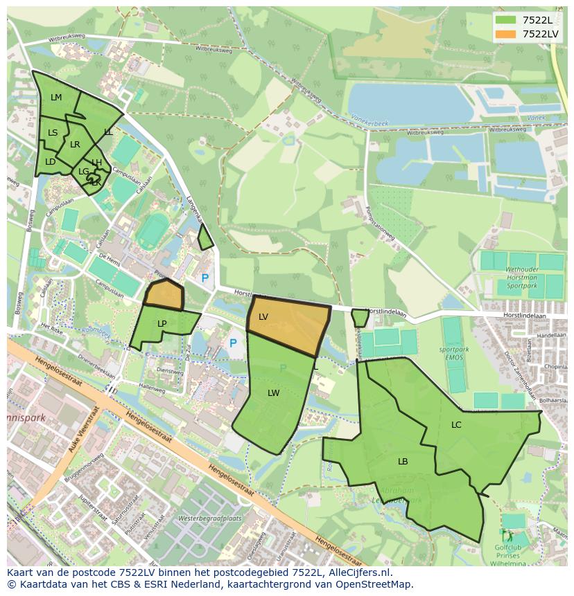 Afbeelding van het postcodegebied 7522 LV op de kaart.