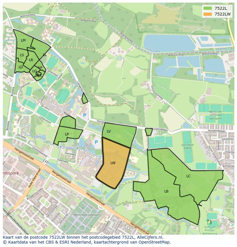 Afbeelding van het postcodegebied 7522 LW op de kaart.