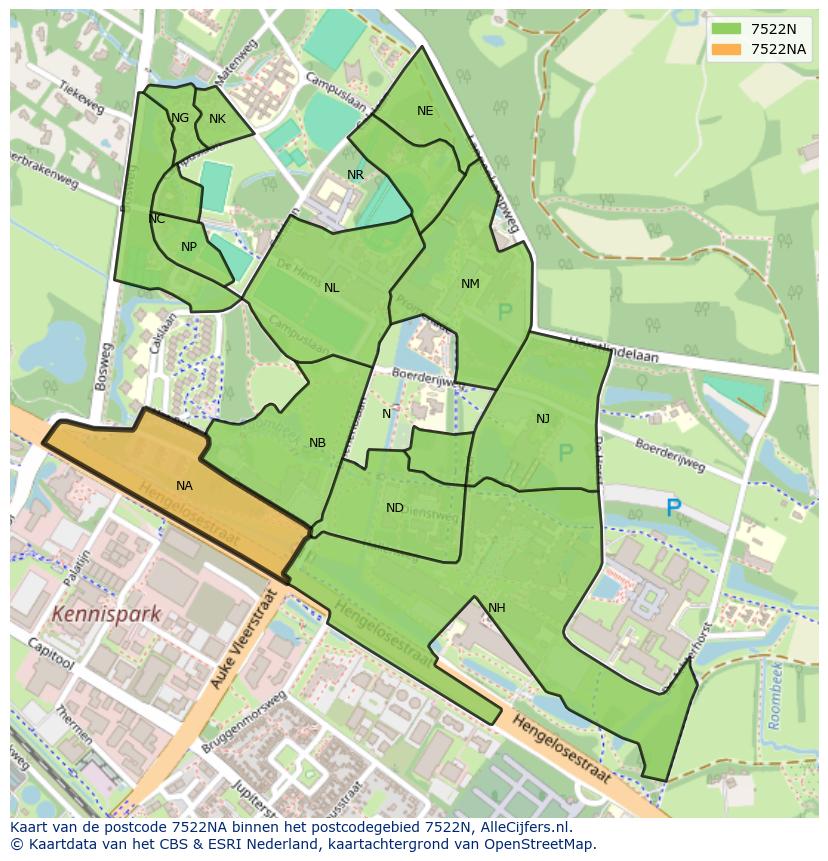 Afbeelding van het postcodegebied 7522 NA op de kaart.