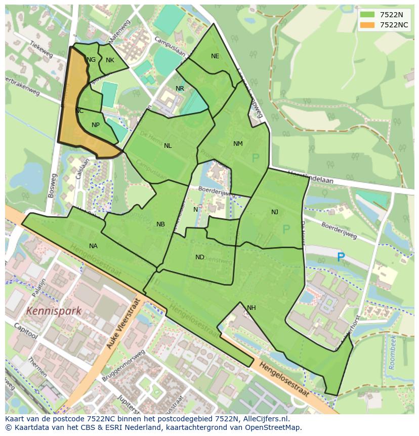Afbeelding van het postcodegebied 7522 NC op de kaart.