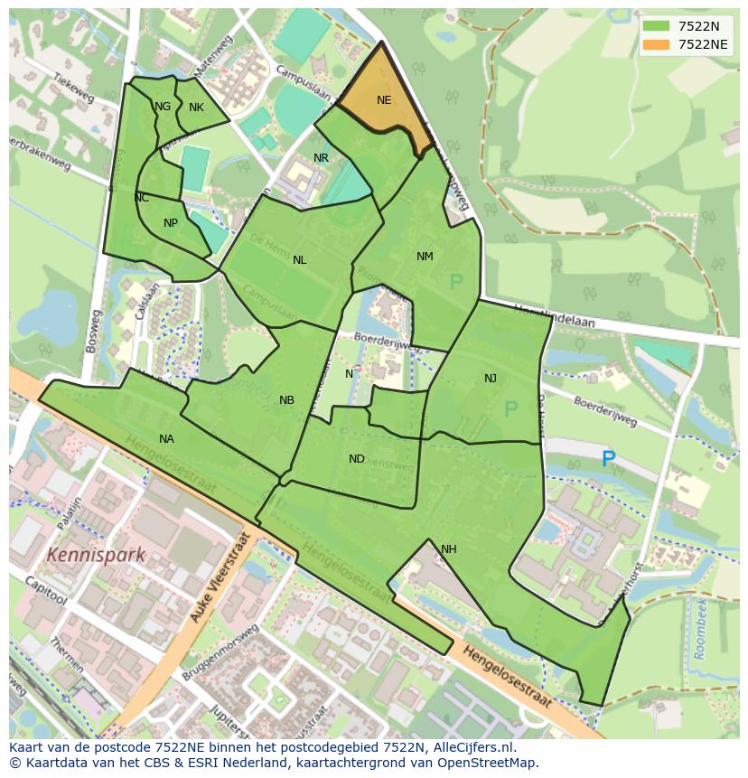 Afbeelding van het postcodegebied 7522 NE op de kaart.