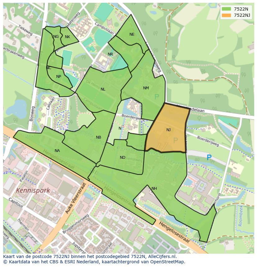 Afbeelding van het postcodegebied 7522 NJ op de kaart.