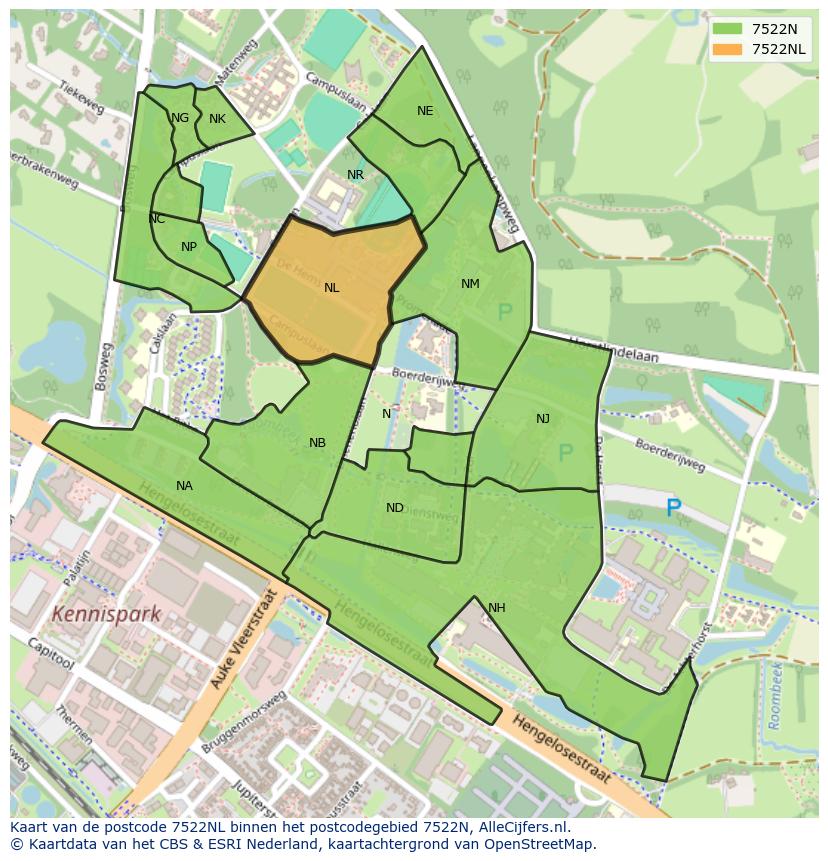Afbeelding van het postcodegebied 7522 NL op de kaart.