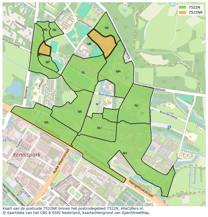 Afbeelding van het postcodegebied 7522 NR op de kaart.